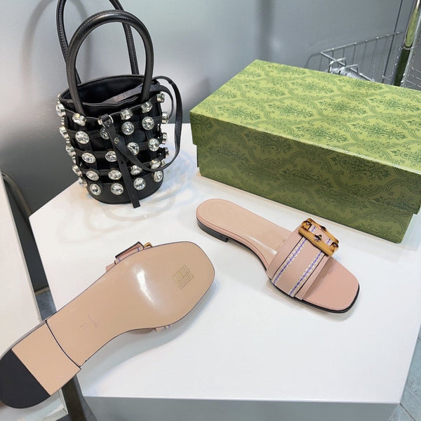 GG BAMBOO BUCKLE FLAT SANDALS BEIGE