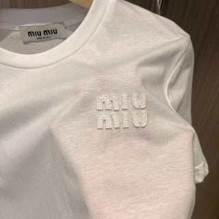 Miu Miu Letter Logo Patch Embroidered T-shirt Cotton