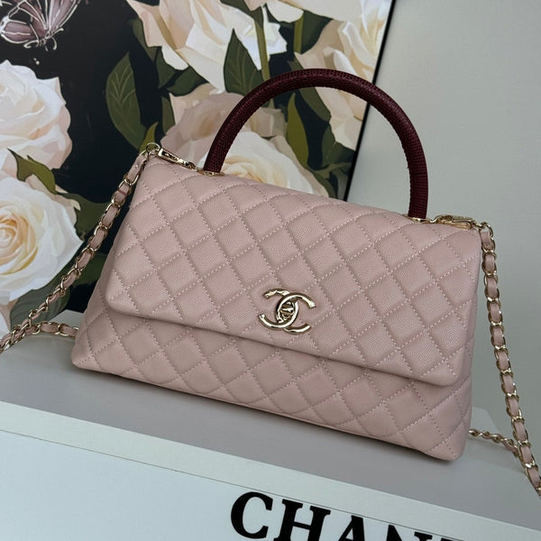 manico in cocco medio 29 cm rosa pastello rosso pelle trapuntata caviale hardware dorato
