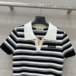 Miu Miu 25 Striped Polo Collar Short-sleeved Top Wool