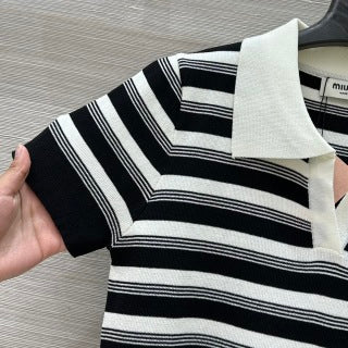 Miu Miu 25 Striped Polo Collar Short-sleeved Top Wool