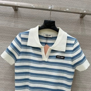 Miu Miu 25 Striped Polo Collar Short-sleeved Top Wool