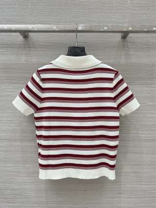 Miu Miu 25 Striped Polo Collar Short-sleeved Top Wool