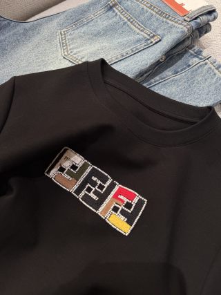 Fendi Embroidered Beaded T-shirt Black White Cotton
