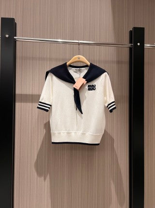 Miu Miu Collar Knotted Short-sleeved Knitted Top Wool tencel