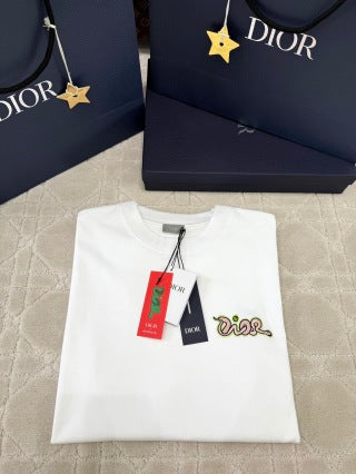 CD 25 Snake-shaped Letter Embroidered Short Sleeves T-shirt Cotton