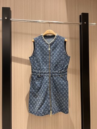 Abito in tessuto denim LV con cerniera a doppia testa, nero e blu in cotone