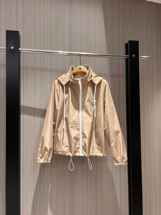 Prada Stand-up Collar Hooded Jacket Dark Blue and Khaki nylon