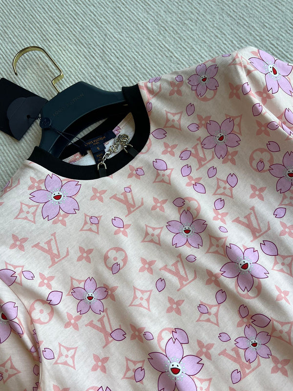 LV 25 Sakura Flower T-Shirt Pink Brown Cotton