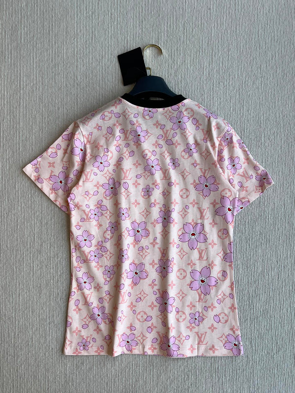 LV 25 Sakura Flower T-Shirt Pink Brown Cotton