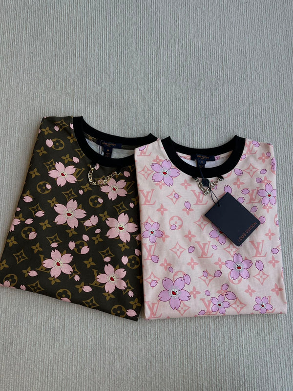 LV 25 Sakura Flower T-Shirt Pink Brown Cotton