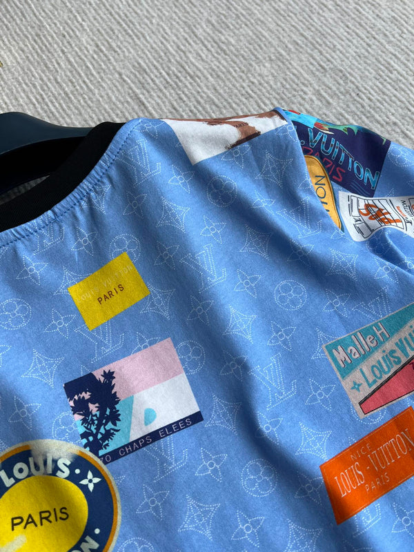 LV 25 Print Contrast Color Threaded Edge Collar T-shirt White Blue Cotton