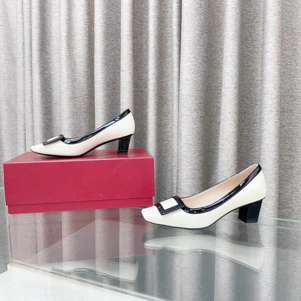 Viv Trompette Thick Heel Pumps White Cowhide Leather 283048