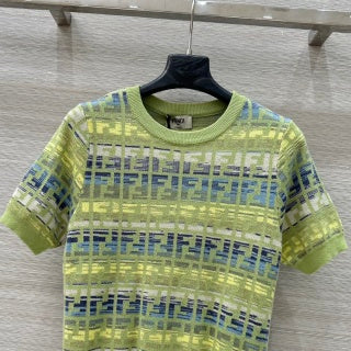 Fendi 25 Knitted Short-sleeved Top Green Pink Wool Cotton