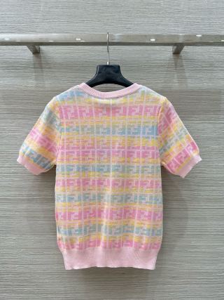 Fendi 25 Knitted Short-sleeved Top Green Pink Wool Cotton