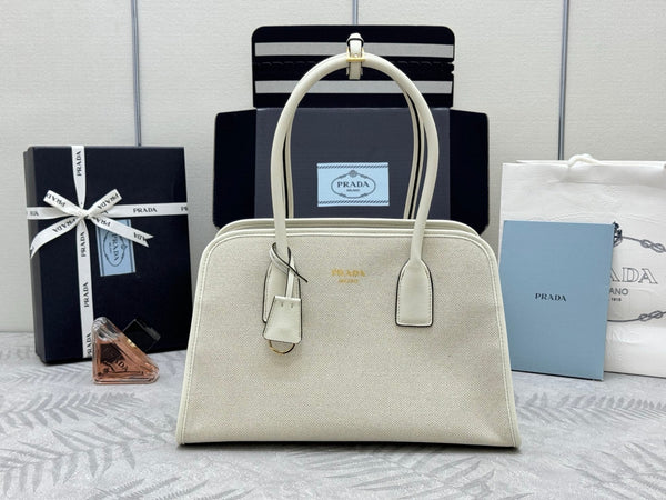 Prada Linen Medium Tote Bag Soft Grain Leather & Canvas