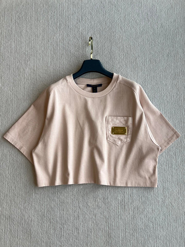 LV 25 Monogram Pocket Patch Iron Elastic Waist Set Light Pink Cotton