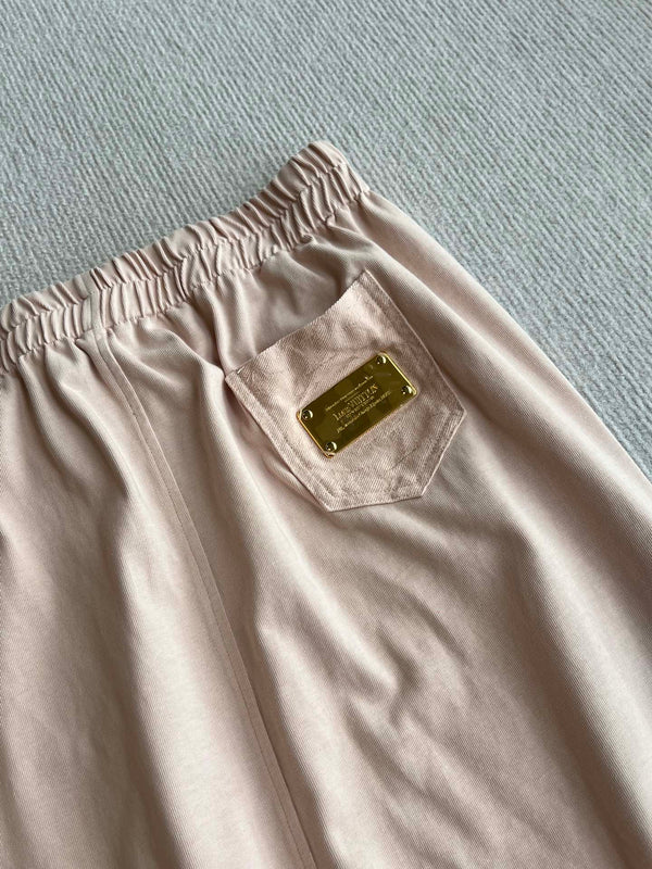 LV 25 Monogram Pocket Patch Iron Elastic Waist Set Light Pink Cotton