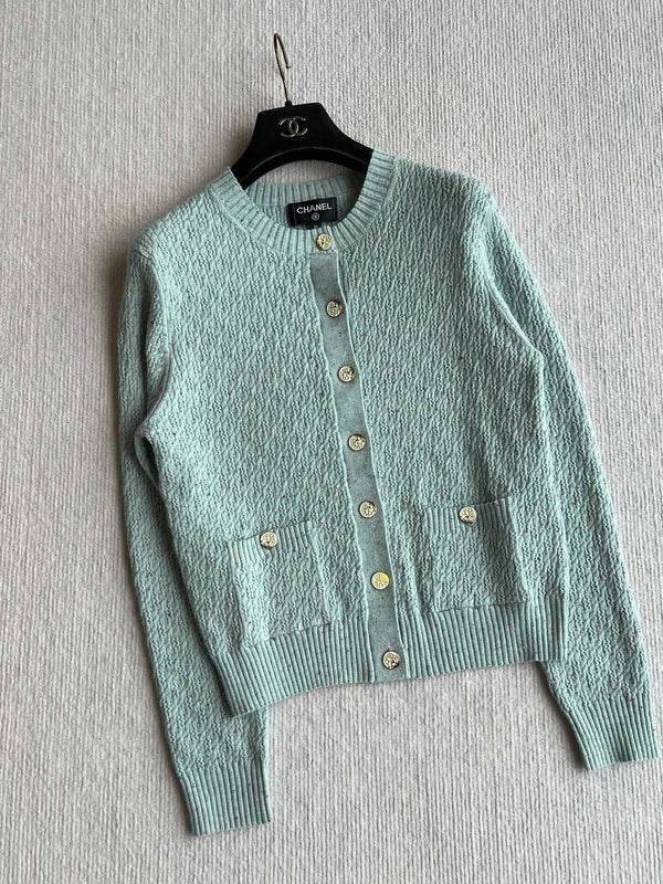 CC 25A Cardigan en laine floral col rond classique Turquoise 275514