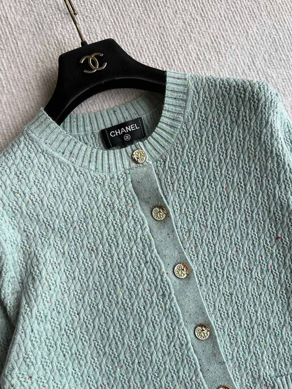 CC 25A Cardigan en laine floral col rond classique Turquoise 275514
