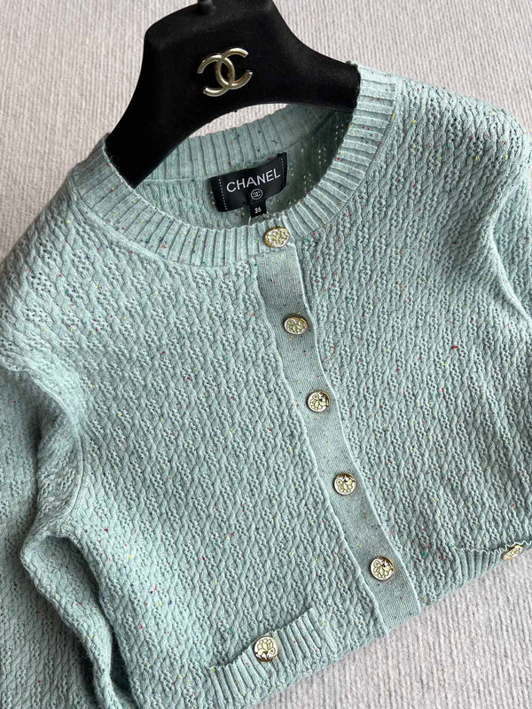 CC 25A Cardigan en laine floral col rond classique Turquoise 275514