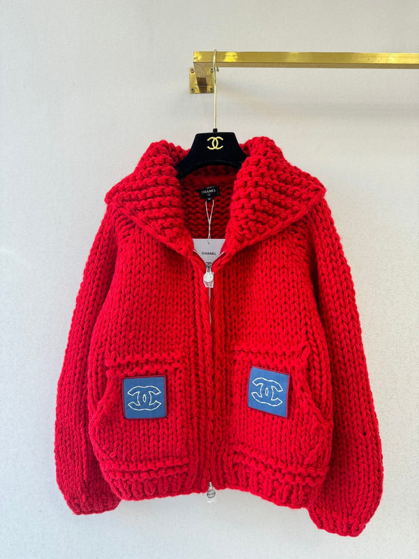 CC 26S Chunky Knit Zip-Up Cardigan Shawl Collar Pockets Cashmere 433509