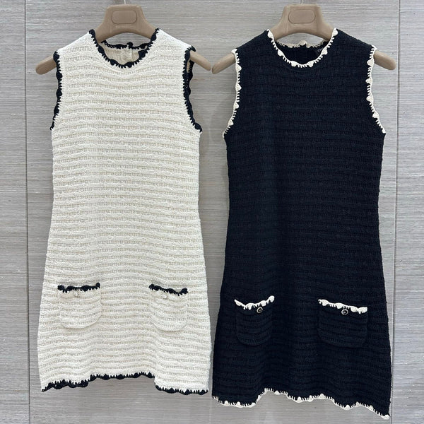 Chanel 2026 Sleeveless Dress Black and Off-White Wool