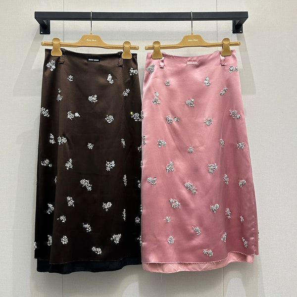 Jupe mi-longue Miu Miu ornée de strass et motifs floraux en mélange d'acétate YB