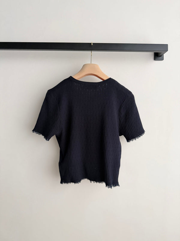 Haut à manches courtes en coton et dentelle à col rond Miu Miu 26SS