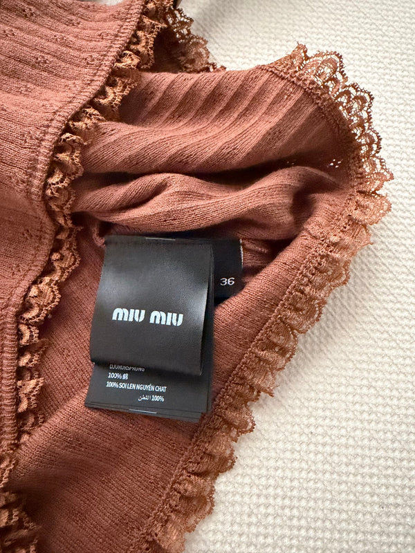 Haut à manches courtes en coton et dentelle à col rond Miu Miu 26SS