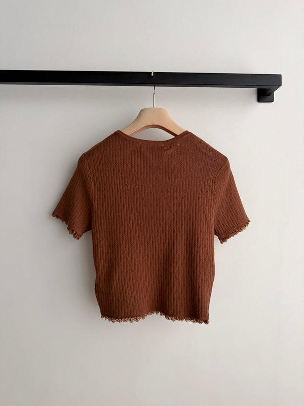 Haut à manches courtes en coton et dentelle à col rond Miu Miu 26SS
