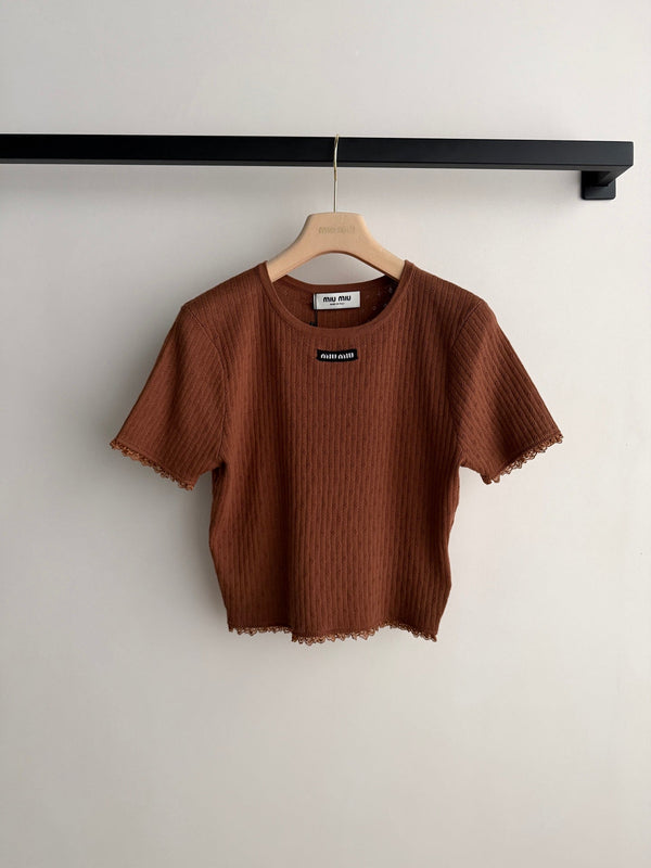 Haut à manches courtes en coton et dentelle à col rond Miu Miu 26SS
