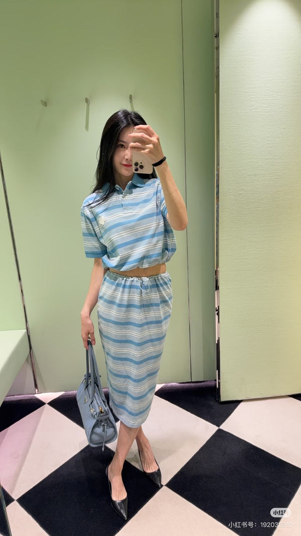 Prada 26 Blue and White Striped Drawstring Polo Shirt & Skirt in Cotton