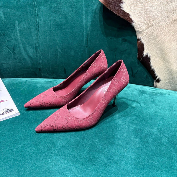 GG Pointed-Toe Slingback Rose Red Canvas 741267