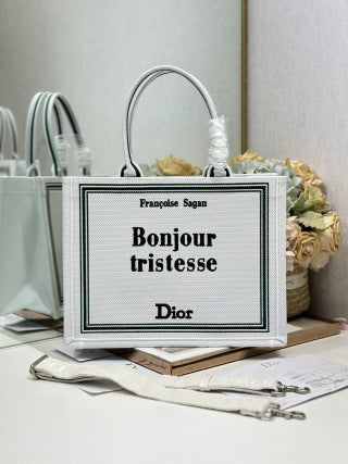 CD Book Tote Embroidered " Bonjour Tristesse" White in Canvas 288233