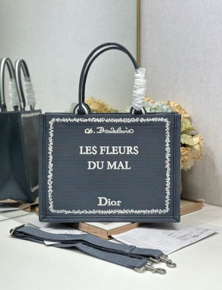 CD Book Tote Embroidered " Les Fleurs du Mal" Gray in Canvas 288240