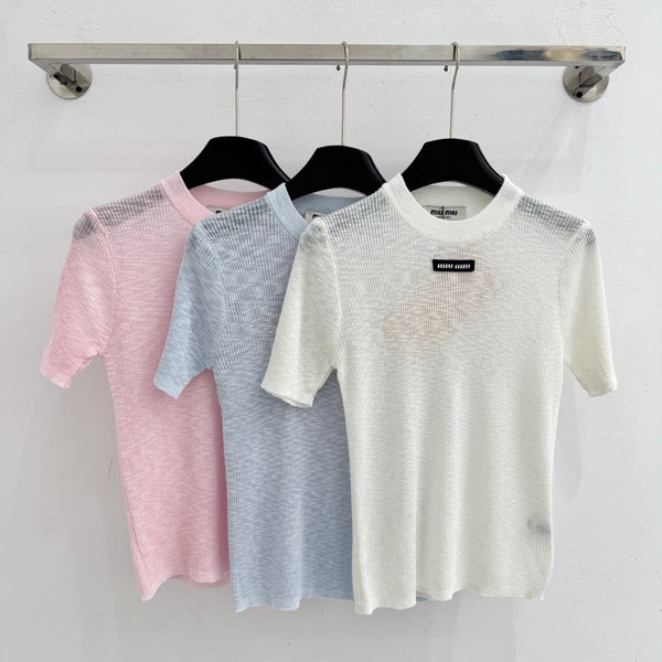 Miumiu 2026 Short-sleeved Knit Top Cotton 376693