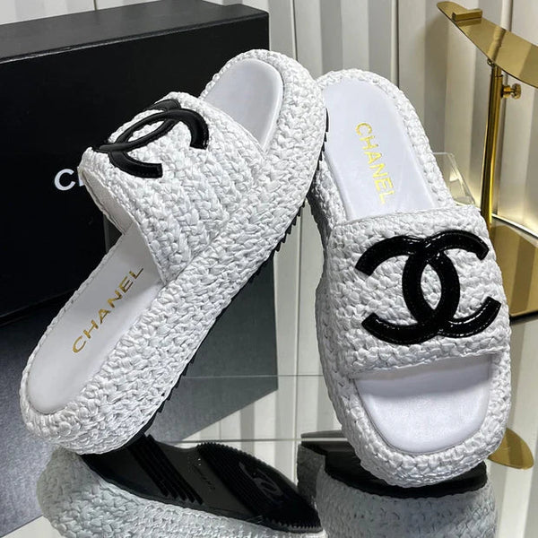 CC 2026 Crochet CC Platform Slide Sandals 40mm Raffia Leather 767882