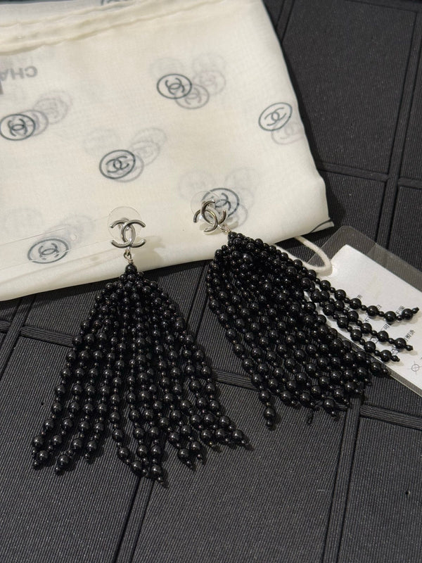 Chanel 2026 Black Beaded Tassel Earrings with Gold Double C Long Earrings