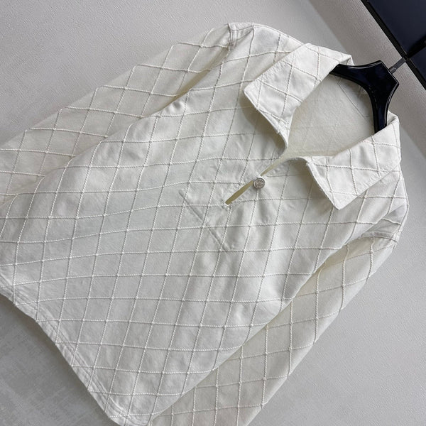 CC 26 Diamond-Patterned Denim Collared Top in Cotton