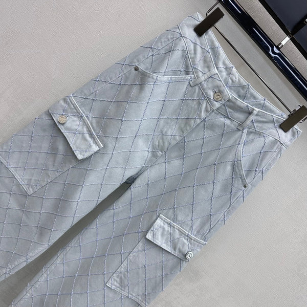 CC 26 Diamond-Patterned Denim Pants with Fold-Up Design in Cotton