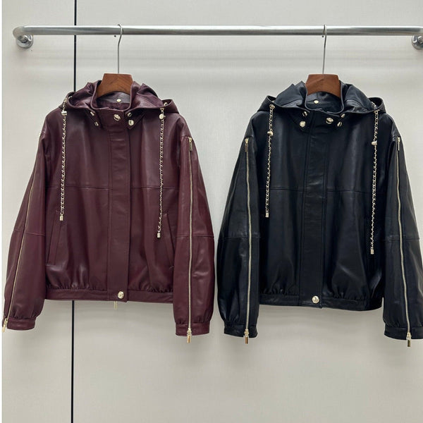 CC 26K Hooded Leather Jacket Gold Chain Drawstrings 435105
