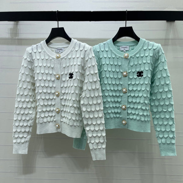 CC 26FW Crochet Feather Pattern Cardigan Contrast Trim Knitwear Wool Knitwear 446581