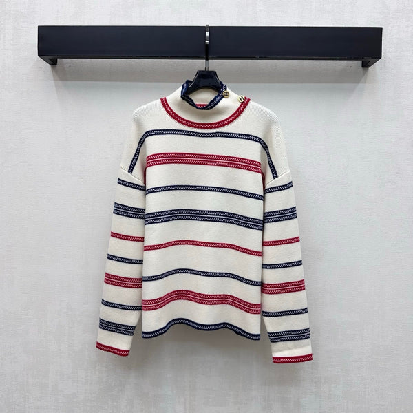 CC 26FW Striped Mock-Neck Top Double-C Metal Buttons Cashmere e 446483