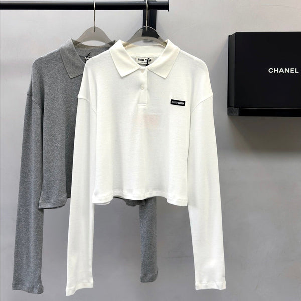 Miu 26FW Ribbed Long-Sleeve Polo Shirt White Cotton 447720