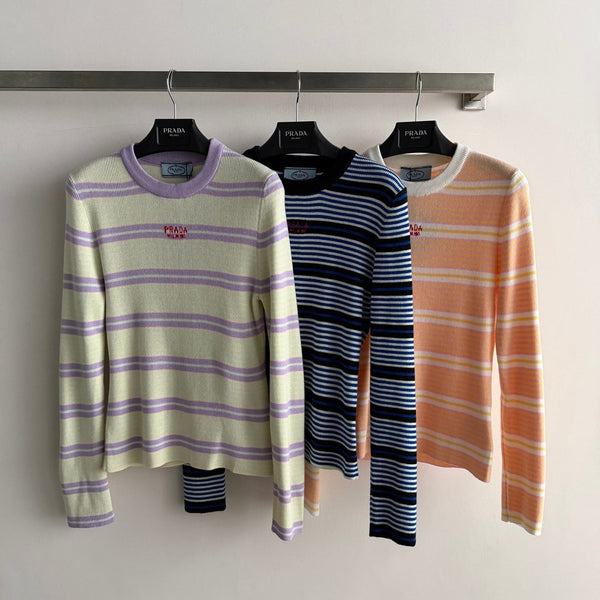 Prad 26FW Striped Crewneck Knit Sweater Logo Print Cashmere 447260