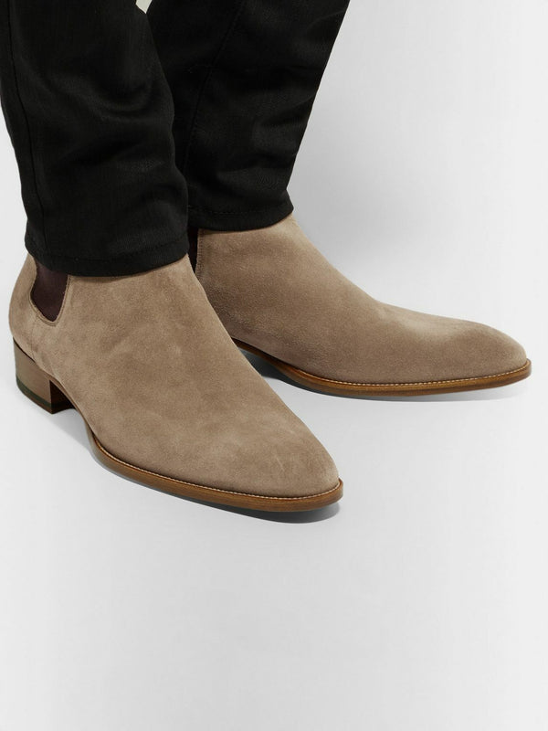 Saint Laurent Wyatt Suede Chelsea Boots Beige Brown
