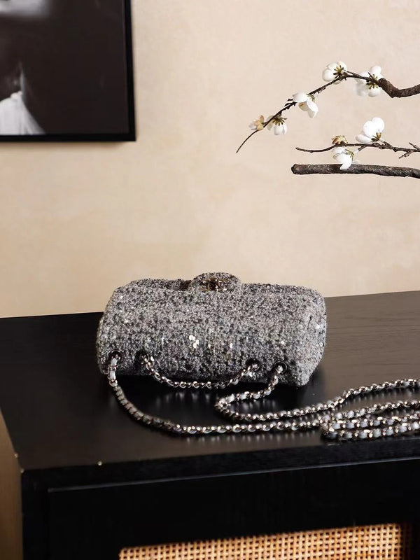 Chanel 2026 Flap Bag 21cm Silver Gray Chevron Sequin