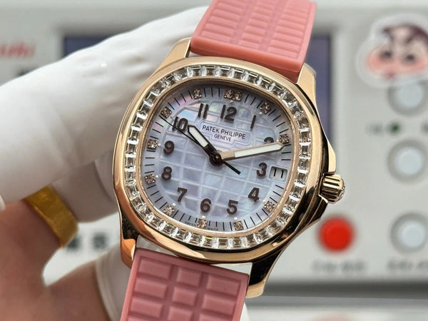 Patek Philippe Aquanaut 36mm Pink Gold Case Diamond Dial Pink Rubber Strap