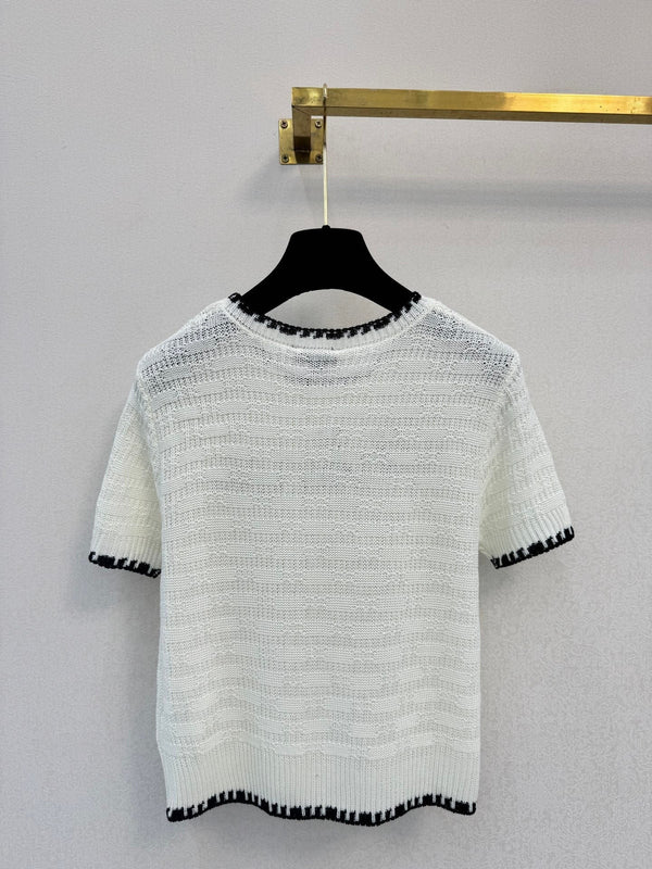 Chanel 2026 Chemise Manches Courtes Logo Brodé Laine Blanche Noire 364270